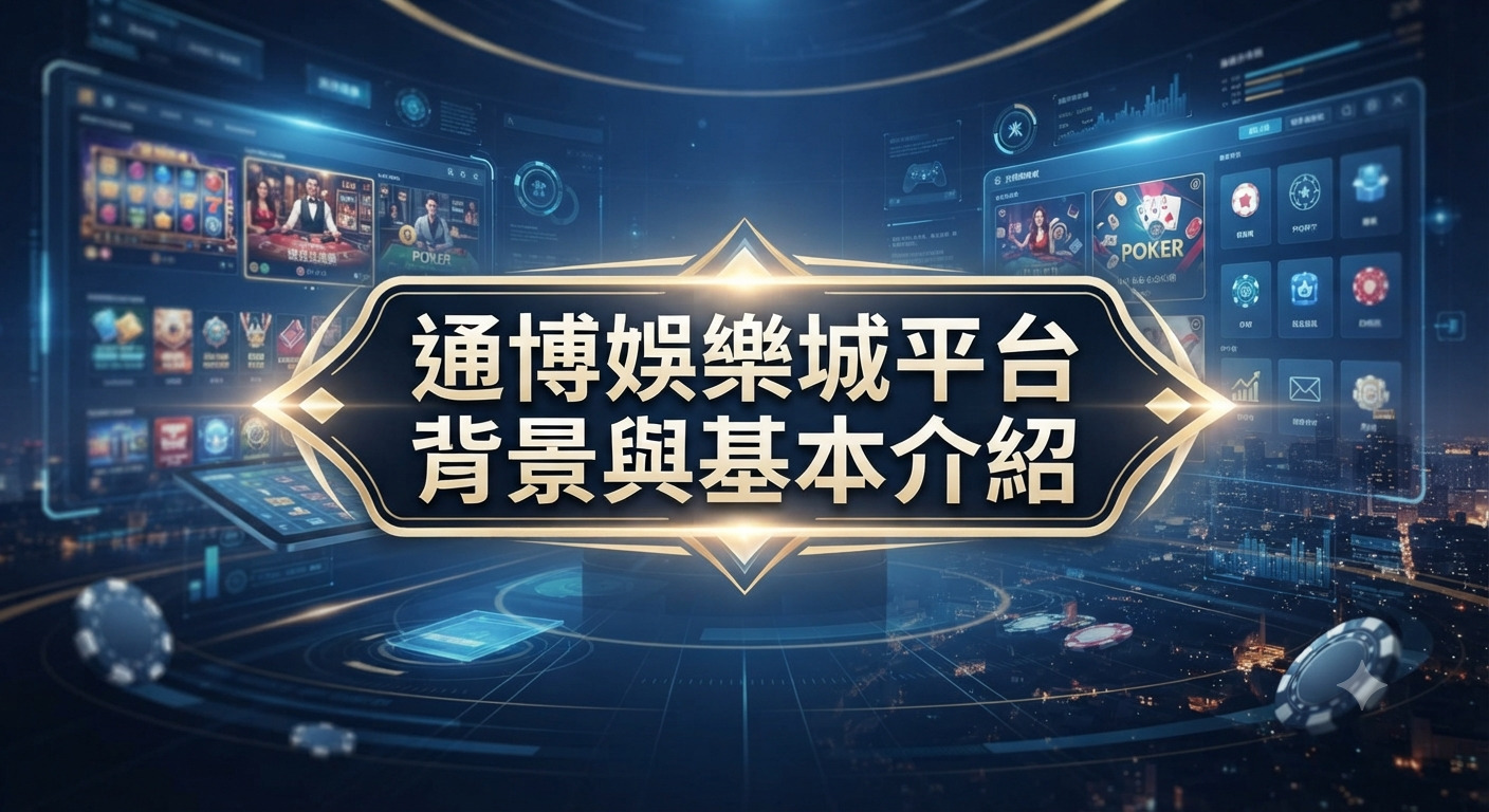這張圖片以未來感與科技風的線上娛樂平台為背景，展現專業的數位營運氛圍。 中央醒目地呈現「通博娛樂城平台背景與基本介紹」的繁體中文標題，突顯主題。