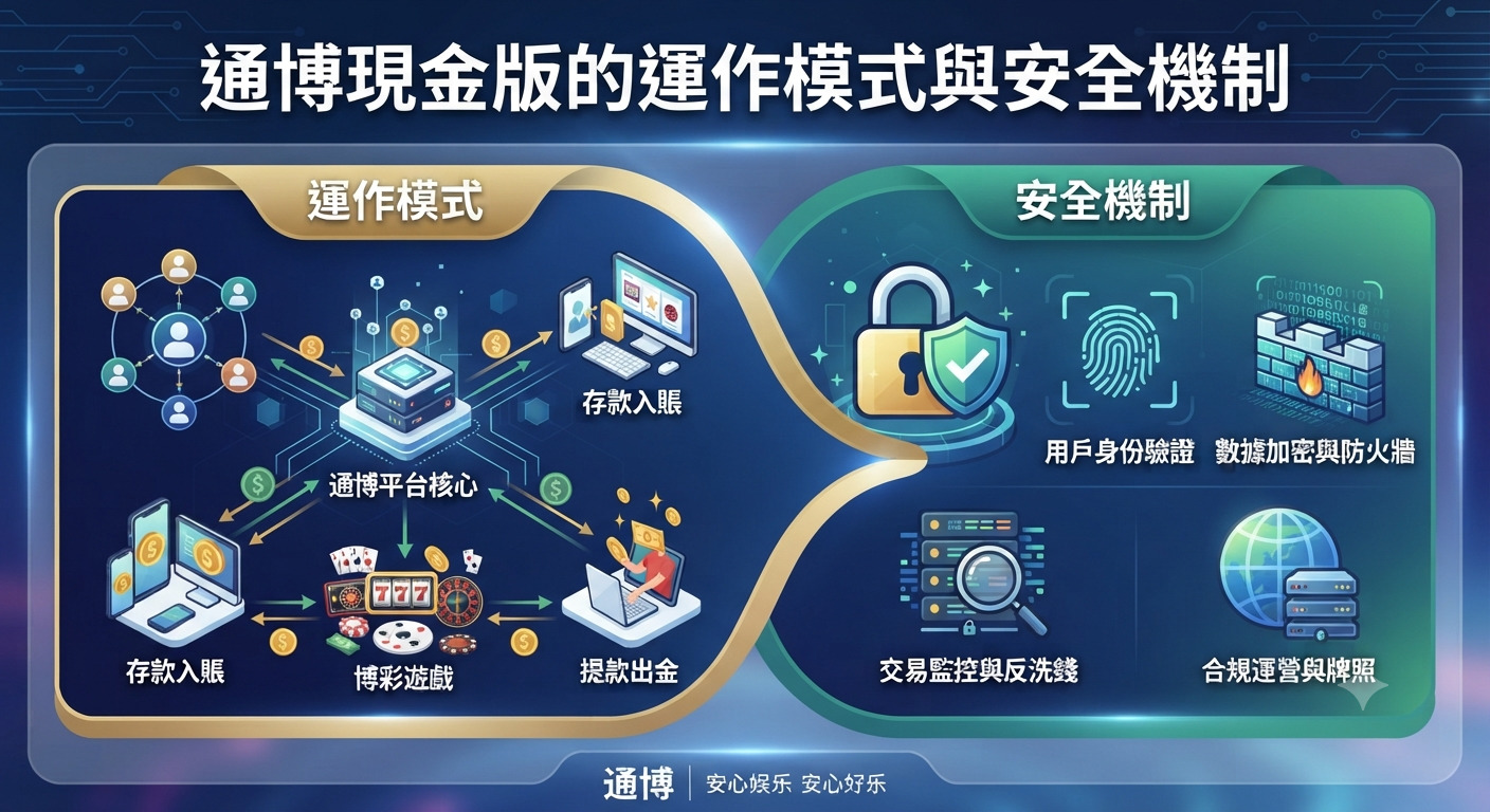 這張圖片展示了通博現金版的運作模式與安全機制，以視覺化圖表呈現平台核心、存款入帳、博彩遊戲與提款出金的流程。 同時透過鎖頭、指紋驗證與防火牆等圖標，強調了用戶身份驗證、數據加密、交易監控及合規運營的安全防護架構。